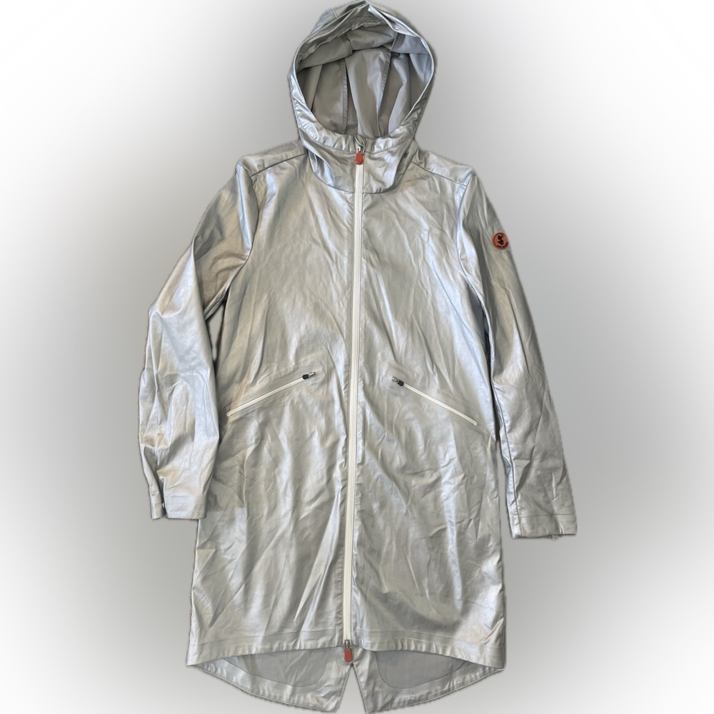 SAVE THE DUCK Silver Hooded Rain Jacket with Logo; size XS but size runs larger